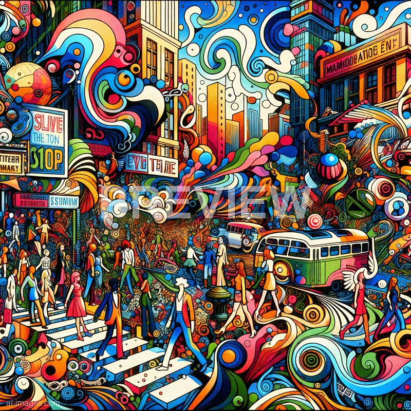 The image depicts a vibrant, highly stylized city scene filled with swirling patterns, bright colors, and exaggerated shapes. Pedestrians cross a busy street, and a classic tram is visible, surrounded by colorful buildings, billboards, and abstract swirls that create a sense of dynamic movement and chaos. The overall composition combines elements of urban life with psychedelic art, giving it a lively, energetic atmosphere.